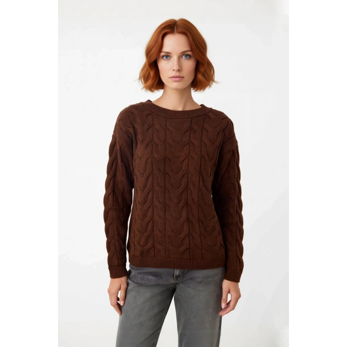 Kadın Saç Örgü Desenli Kayık Yaka Triko Kazak %100 Akrilik Uzun Kollu Regular Kalıp Günlük Kullanım