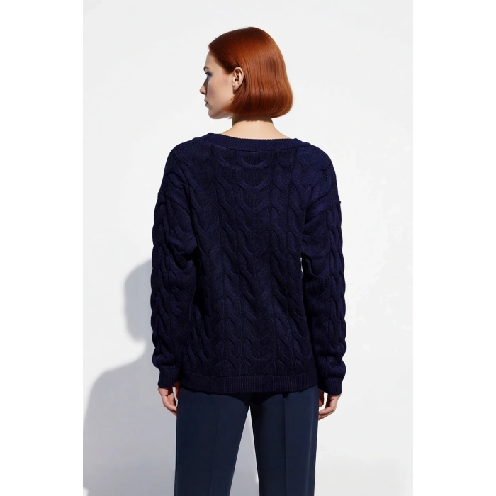 Kadın Saç Örgü Desenli Kayık Yaka Triko Kazak %100 Akrilik Uzun Kollu Regular Kalıp Günlük Kullanım