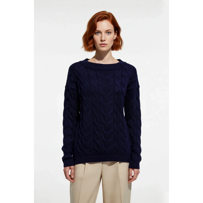 Kadın Saç Örgü Desenli Kayık Yaka Triko Kazak %100 Akrilik Uzun Kollu Regular Kalıp Günlük Kullanım