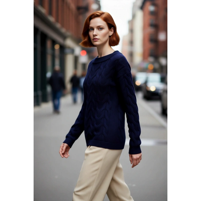 Kadın Saç Örgü Desenli Kayık Yaka Triko Kazak %100 Akrilik Uzun Kollu Regular Kalıp Günlük Kullanım