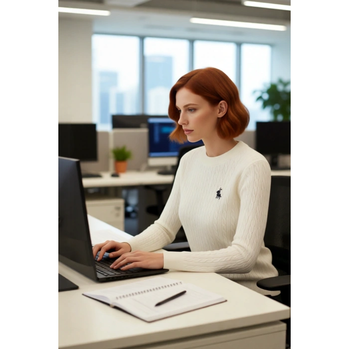 Kadın Saç Örgü Desenli Regular Kalıp Bisiklet Yaka Akrilik Triko Kazak At Nakış Detaylı Kaliteli