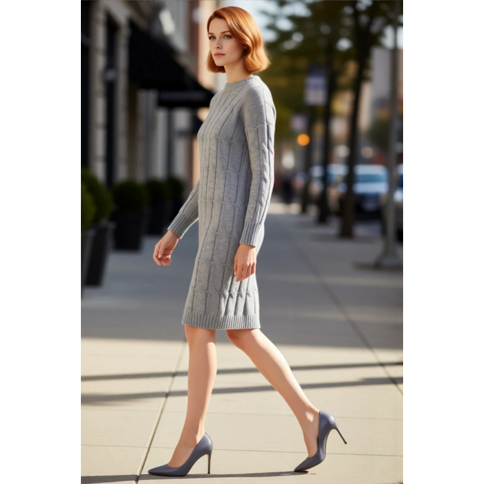 Kadın Saç Örgü Desenli Shift Kalıp Uzun Kol Bisiklet Yaka Mini Triko Elbise Şık Ve Konforlu