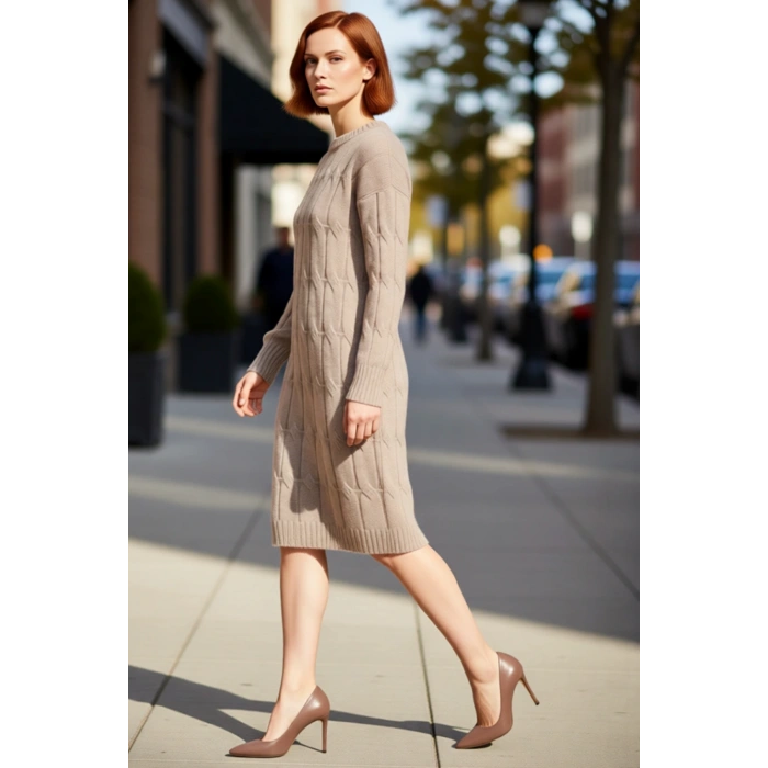 Kadın Saç Örgü Desenli Shift Kalıp Uzun Kol Bisiklet Yaka Mini Triko Elbise Şık Ve Konforlu