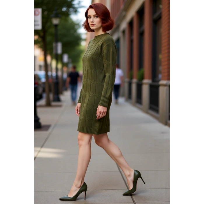 Kadın Saç Örgü Desenli Shift Kalıp Uzun Kol Bisiklet Yaka Mini Triko Elbise Şık Ve Konforlu