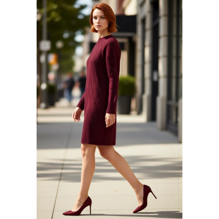 Kadın Saç Örgü Desenli Shift Kalıp Uzun Kol Bisiklet Yaka Mini Triko Elbise Şık Ve Konforlu