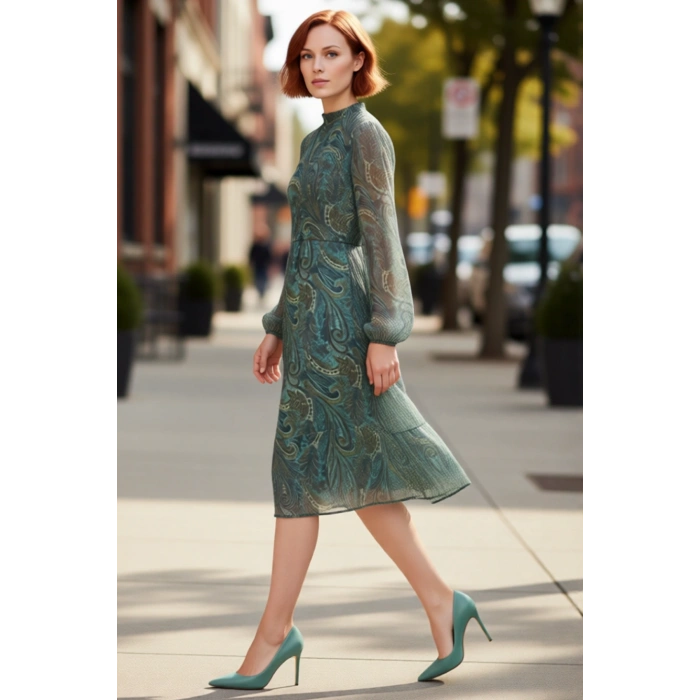 Kadın Şal Desenli Astarlı Volanlı Şifon Midi Elbise Dik Yaka Uzun Balon Kollu A Kesim Kaliteli