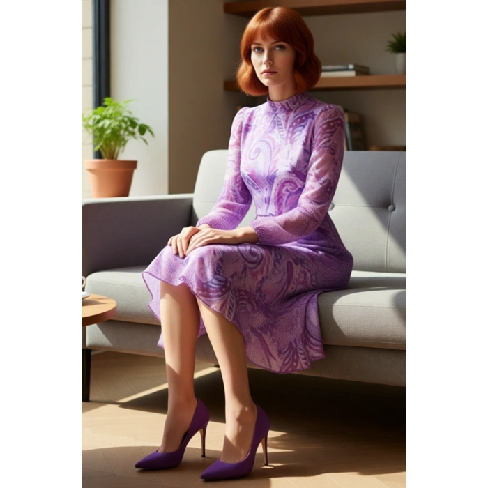 Kadın Şal Desenli Astarlı Volanlı Şifon Midi Elbise Dik Yaka Uzun Balon Kollu A Kesim Kaliteli