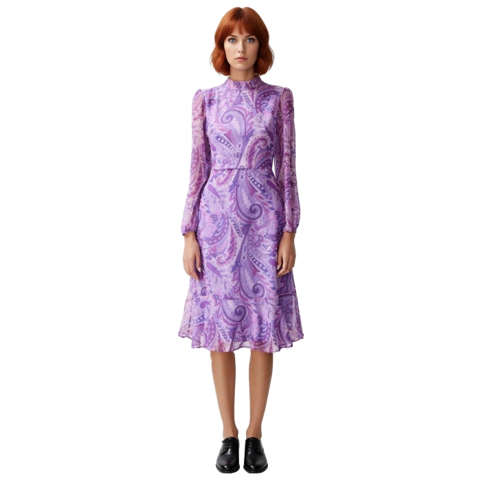 Kadın Şal Desenli Astarlı Volanlı Şifon Midi Elbise Dik Yaka Uzun Balon Kollu A Kesim Kaliteli