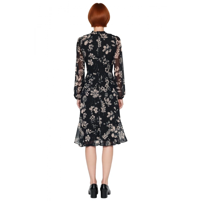 Kadın Şal Desenli Astarlı Volanlı Şifon Midi Elbise Dik Yaka Uzun Balon Kollu A Kesim Kaliteli