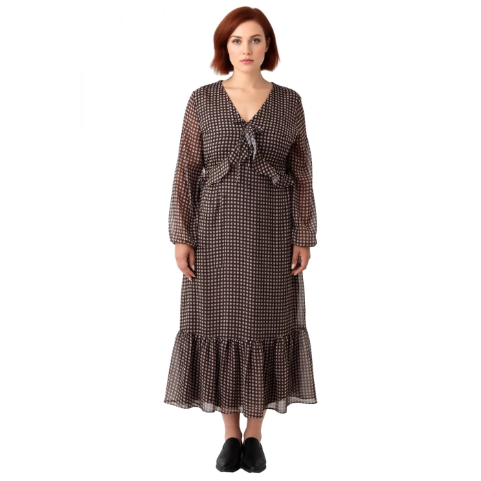 Kadın Şal Desenli Maxi Boy Dokuma V Yaka Balon Kol A Kesim Şifon Uzun Elbise Stili Kaliteli