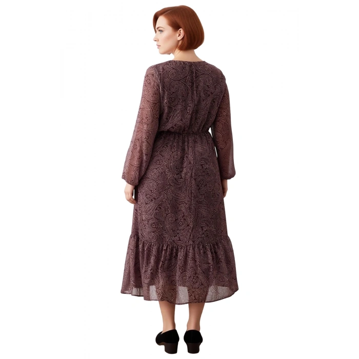 Kadın Şal Desenli Maxi Boy Dokuma V Yaka Balon Kol A Kesim Şifon Uzun Elbise Stili Kaliteli