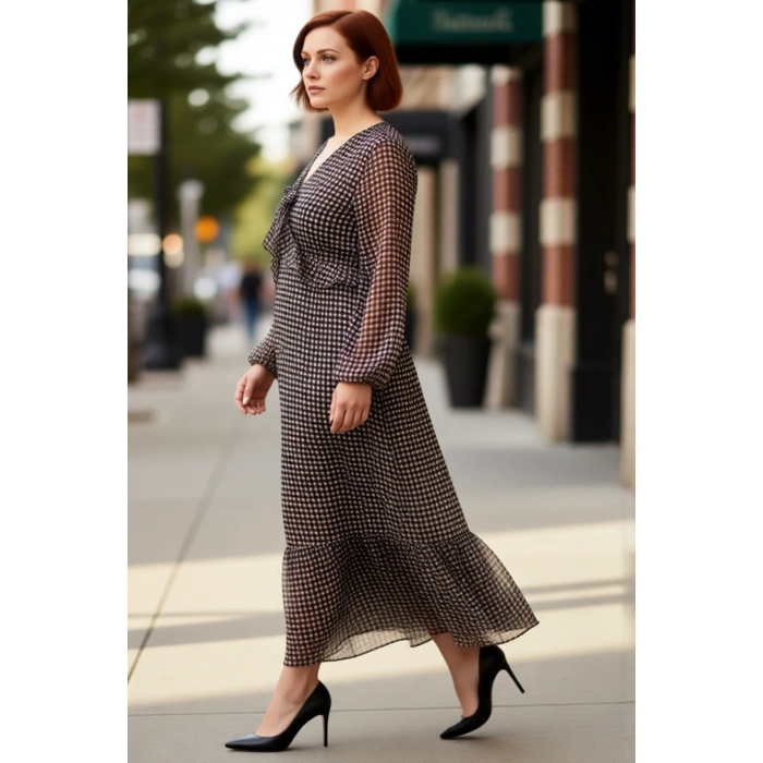 Kadın Şal Desenli Maxi Boy Dokuma V Yaka Balon Kol A Kesim Şifon Uzun Elbise Stili Kaliteli