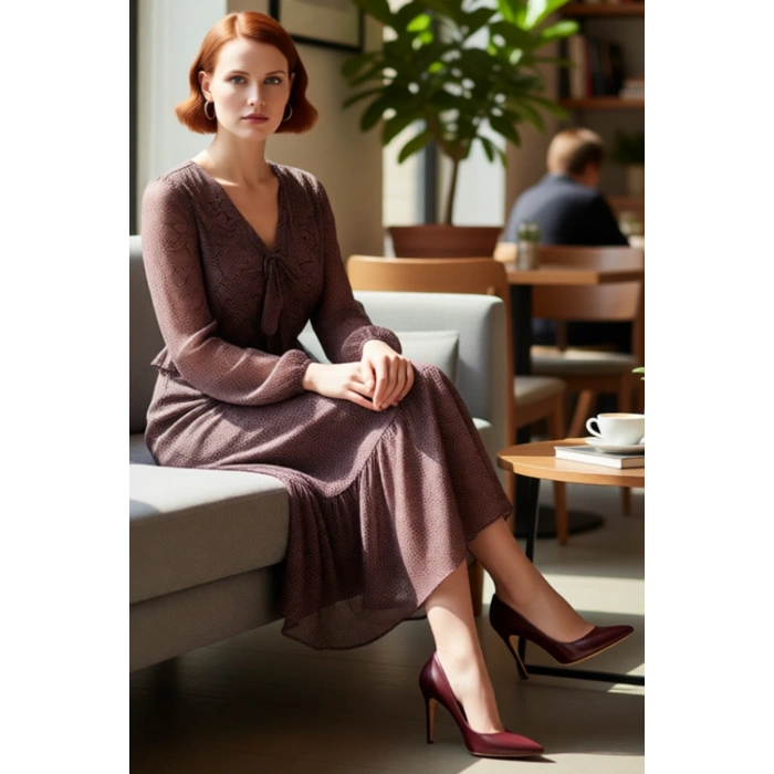 Kadın Şal Desenli Maxi Boy Dokuma V Yaka Balon Kol A Kesim Şifon Uzun Elbise Stili Kaliteli