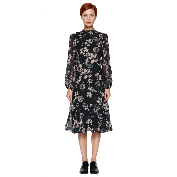 Kadın Şal Desenli Midi Şifon Elbise Dik Yaka Uzun Balon Kollu Astarlı ve Fırfırlı A Kesim Kaliteli