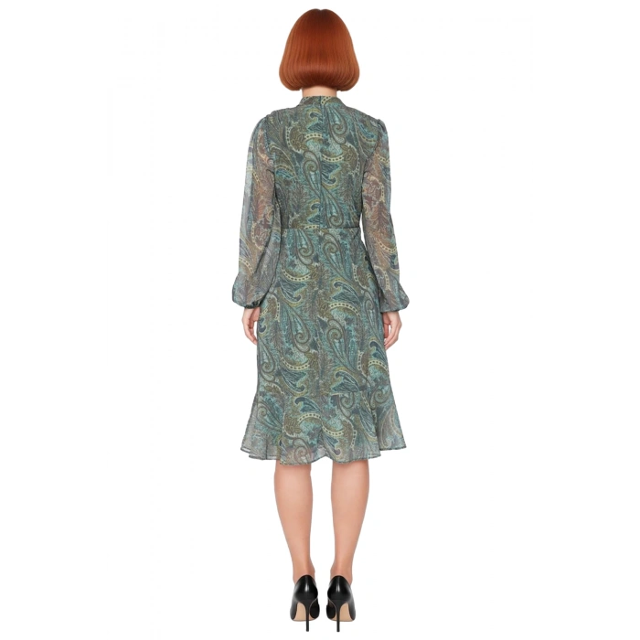 Kadın Şal Desenli Midi Şifon Elbise Dik Yaka Uzun Balon Kollu Astarlı ve Fırfırlı A Kesim Kaliteli