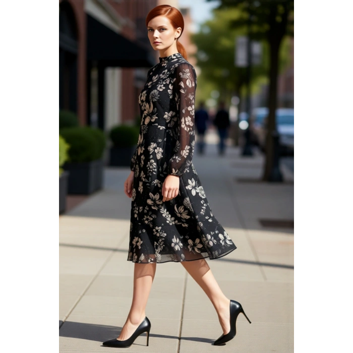 Kadın Şal Desenli Midi Şifon Elbise Dik Yaka Uzun Balon Kollu Astarlı ve Fırfırlı A Kesim Kaliteli