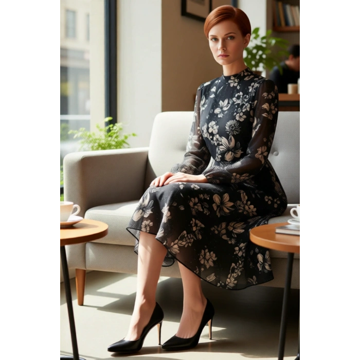 Kadın Şal Desenli Midi Şifon Elbise Dik Yaka Uzun Balon Kollu Astarlı ve Fırfırlı A Kesim Kaliteli