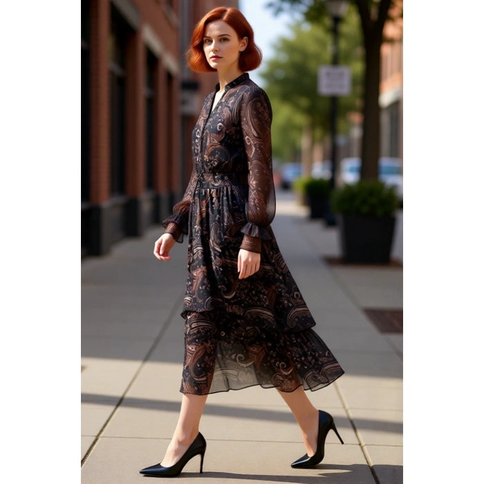 Kadın Şal Desenli Midi Şifon Skater Elbise Balon Uzun Kollu Anahtar Deliği Yakalı Astarlı Kışlık