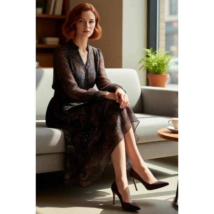 Kadın Şal Desenli Midi Şifon Skater Elbise Balon Uzun Kollu Anahtar Deliği Yakalı Astarlı Kışlık