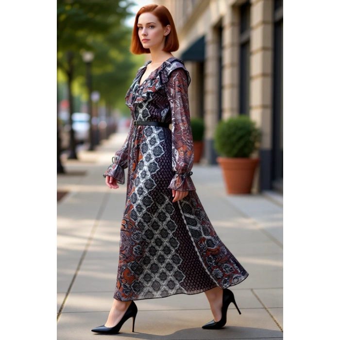 Kadın Şal Desenli V Yaka Balon Kol Astarlı Maxi Boy Skater Elbise Günlük Şıklık Sunar. Kaliteli