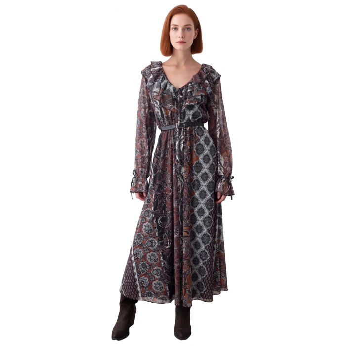 Kadın Şal Desenli V Yaka Balon Kol Astarlı Maxi Boy Skater Elbise Günlük Şıklık Sunar. Kaliteli