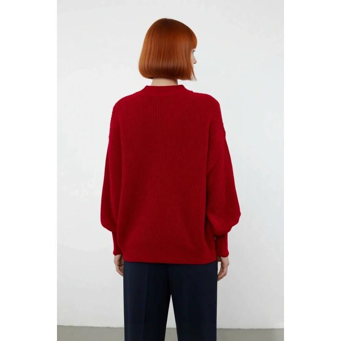 Kadın Salaş Oversize Balon Kol Bisiklet Yaka Selanik Dokuma Uzun Kollu Triko Kazak 100% Akrilik