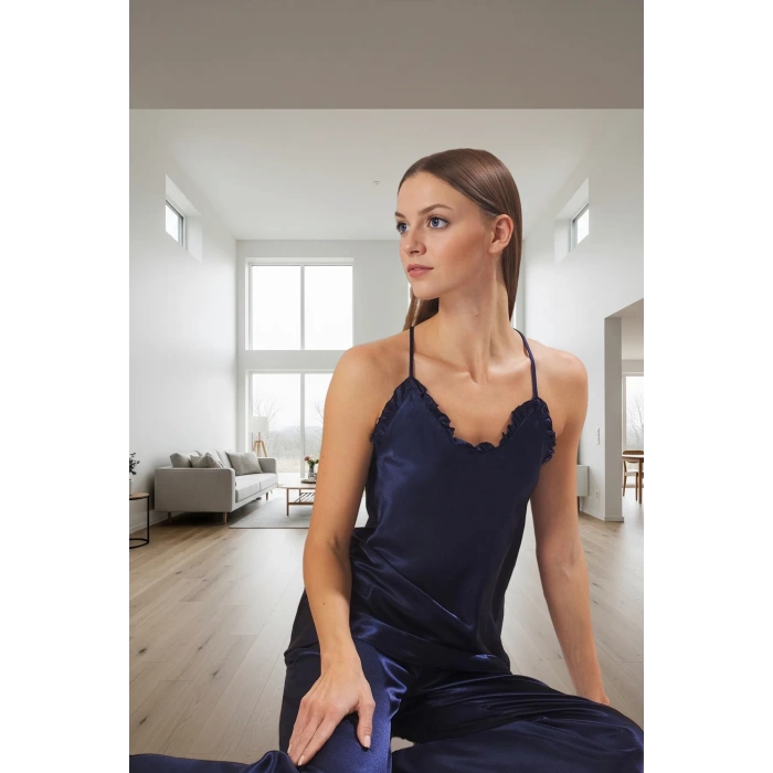 Kadın Saten Pijama Takımı İnce Askılı Fırfırlı Rahat Ev Giyim Seti Premium Kalite