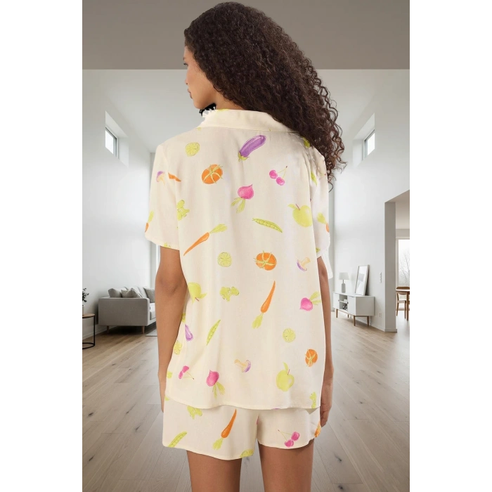 Kadın Sebze Desenli Viskon Pijama Takımı Yazlık Rahat Şortlu Ve Şık Trend Tasarım Mükemmel Uyum