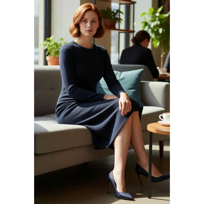 Kadın Selanik Dokuma Kruvaze Anvelop Midi Boy Uzun Kollu Şık Shift Kalıp Örme Elbise Kaliteli