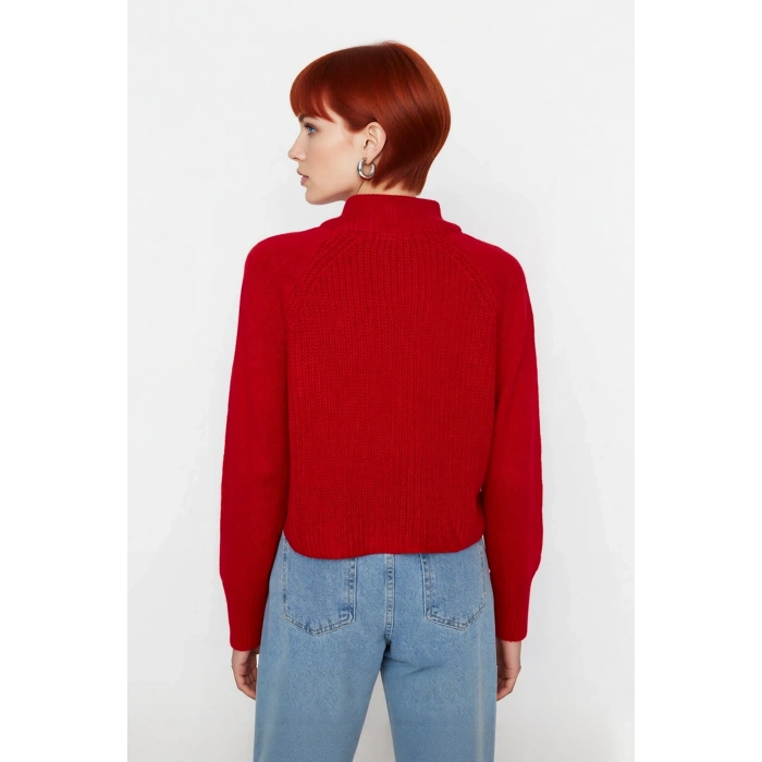 Kadın Selanik Dokuma Regular Kalıp Crop Dik Yaka Fermuarlı Uzun Kollu Triko Kazak Günlük Şıklık