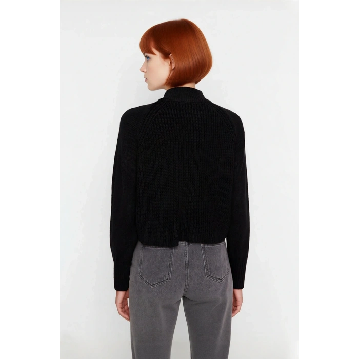 Kadın Selanik Dokuma Regular Kalıp Crop Dik Yaka Fermuarlı Uzun Kollu Triko Kazak Günlük Şıklık