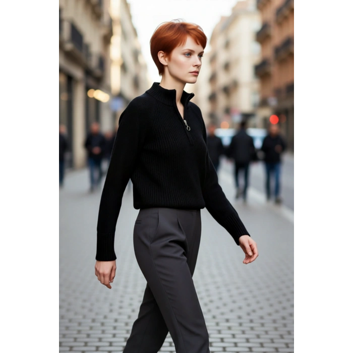 Kadın Selanik Dokuma Regular Kalıp Crop Dik Yaka Fermuarlı Uzun Kollu Triko Kazak Günlük Şıklık