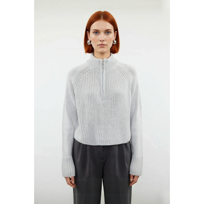 Kadın Selanik Dokuma Regular Kalıp Crop Dik Yaka Fermuarlı Uzun Kollu Triko Kazak Günlük Şıklık