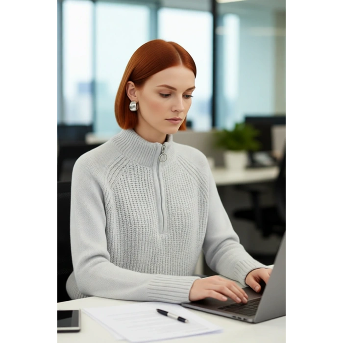 Kadın Selanik Dokuma Regular Kalıp Crop Dik Yaka Fermuarlı Uzun Kollu Triko Kazak Günlük Şıklık