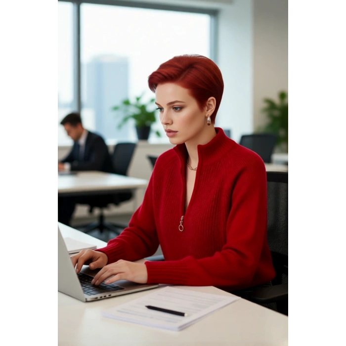 Kadın Selanik Dokuma Regular Kalıp Crop Dik Yaka Fermuarlı Uzun Kollu Triko Kazak Günlük Şıklık
