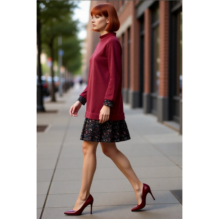 Kadın Selanik Örme Dik Yaka Uzun Kol Shift Kalıp Mini Elbise Çiçek Desenli Günlük Şıklık Kaliteli