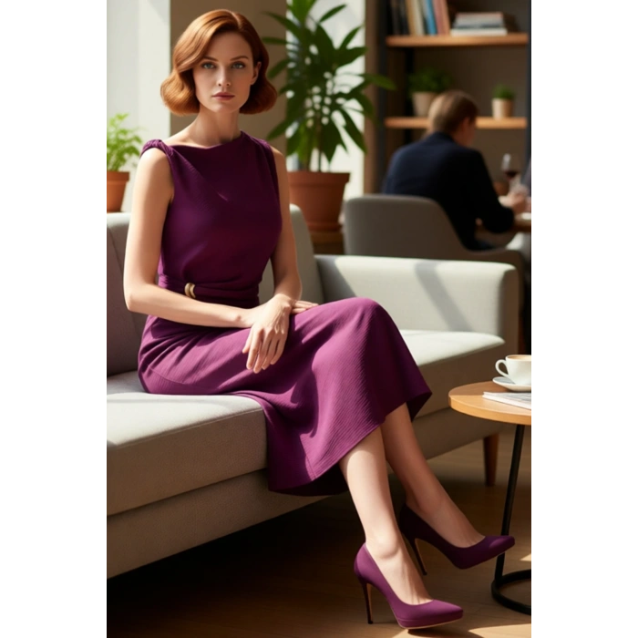 Kadın Shift Kalıp Aksesuar Detaylı Aerobin Dokuma Midi Elbise Şık Ve Konforlu Günlük Kullanım İçin