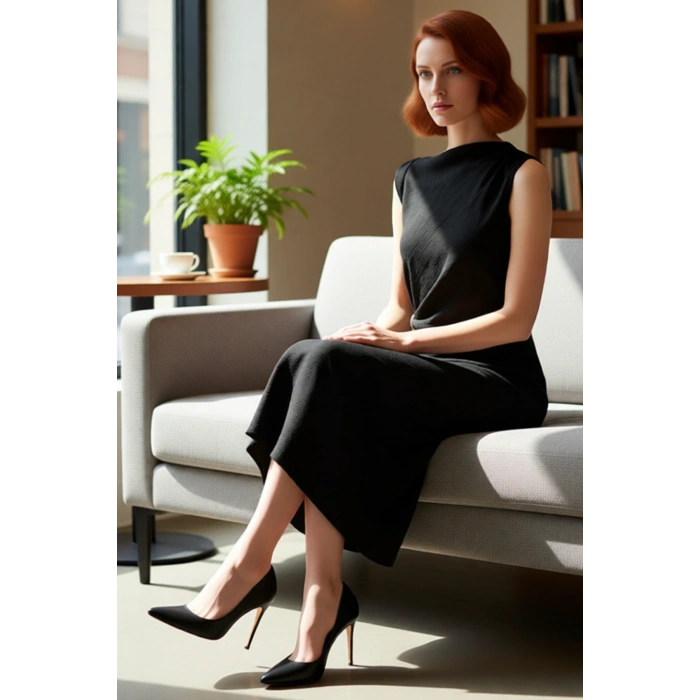 Kadın Shift Kalıp Aksesuar Detaylı Aerobin Dokuma Midi Elbise Şık Ve Konforlu Günlük Kullanım İçin