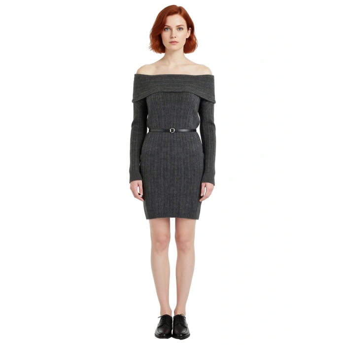 Kadın Shift Kalıp Carmen Yaka Fitilli Triko Mini Elbise İlkbahar Sonbahar Kombinleriniz İçin İdeal