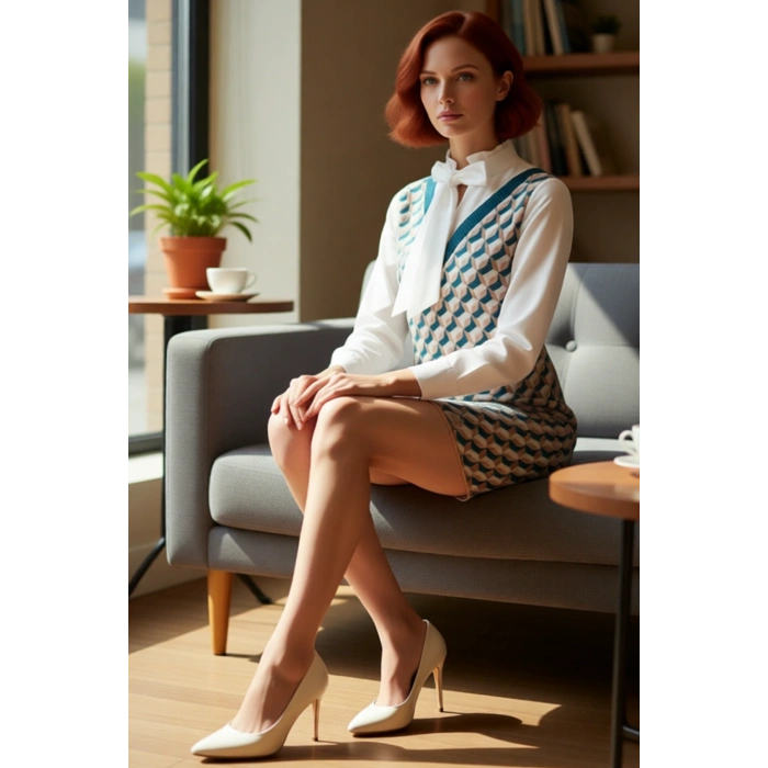 Kadın Shift Kalıp Geometrik Desenli Triko V Yaka Akrilik Mini Elbise İş ve Günlük Şıklık İçin İdeal