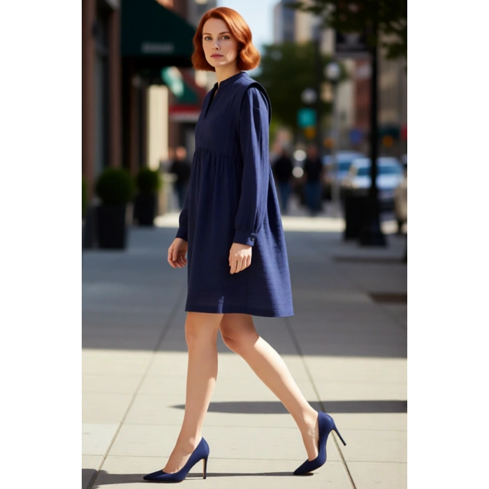 Kadın Shift Kalıp Hakim Yaka Balon Kol Düz Dokuma Mini Elbise İlkbahar Sonbahar İçin İdeal Seçim