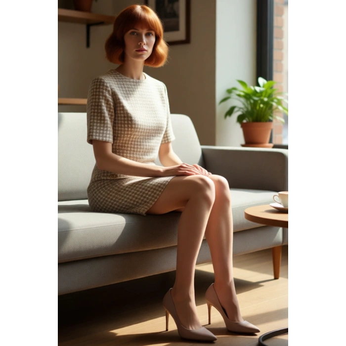 Kadın Shift Kalıp Kısa Kollu Kazayağı Desenli Tüvit Elbise Şık Düğme Detaylı İlkbahar Sonbahar