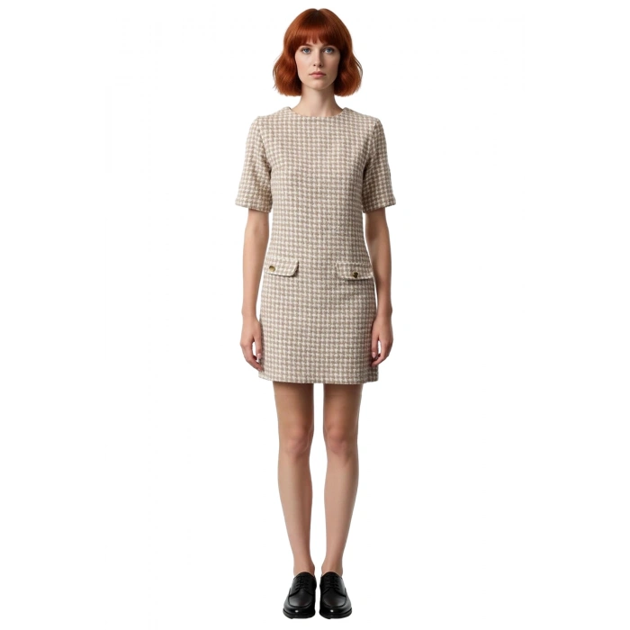 Kadın Shift Kalıp Kısa Kollu Kazayağı Desenli Tüvit Elbise Şık Düğme Detaylı İlkbahar Sonbahar