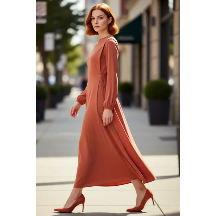 Kadın Shift Kalıp Maxi Boy Balon Kol Bağcıklı Aerobin Dokuma Bisiklet Yaka Elbise Günlük Şıklık