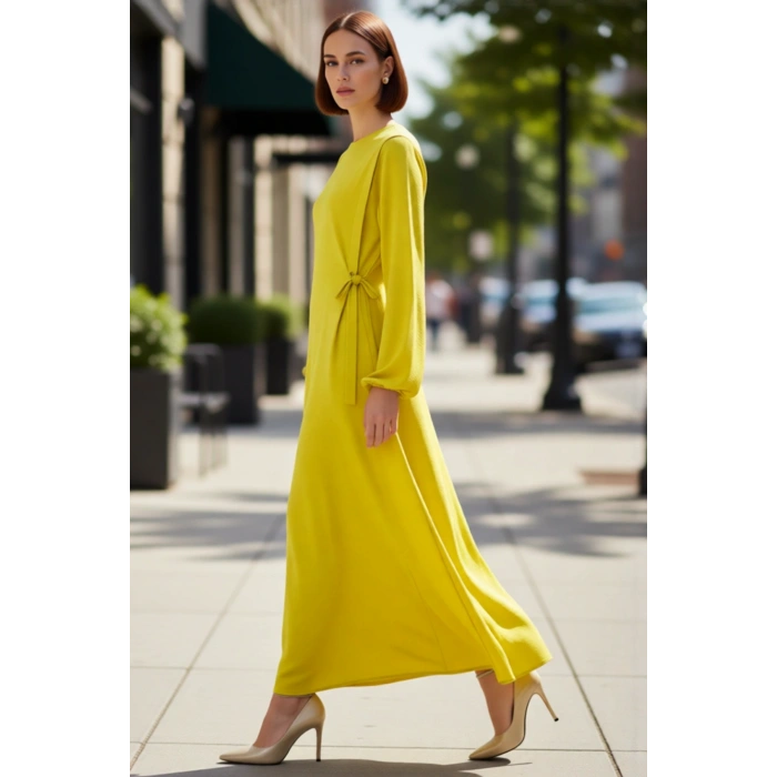 Kadın Shift Kalıp Maxi Boy Balon Kol Bağcıklı Aerobin Dokuma Bisiklet Yaka Elbise Günlük Şıklık