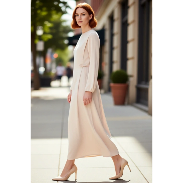 Kadın Shift Kalıp Maxi Boy Balon Kol Bağcıklı Aerobin Dokuma Bisiklet Yaka Elbise Günlük Şıklık