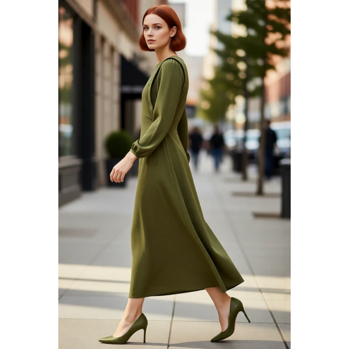 Kadın Shift Kalıp Maxi Boy Balon Kol Bağcıklı Aerobin Dokuma Bisiklet Yaka Elbise Günlük Şıklık