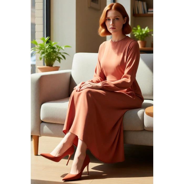 Kadın Shift Kalıp Maxi Boy Balon Kol Bağcıklı Aerobin Dokuma Bisiklet Yaka Elbise Günlük Şıklık