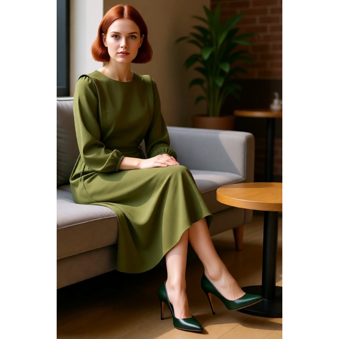 Kadın Shift Kalıp Maxi Boy Balon Kol Bağcıklı Aerobin Dokuma Bisiklet Yaka Elbise Günlük Şıklık