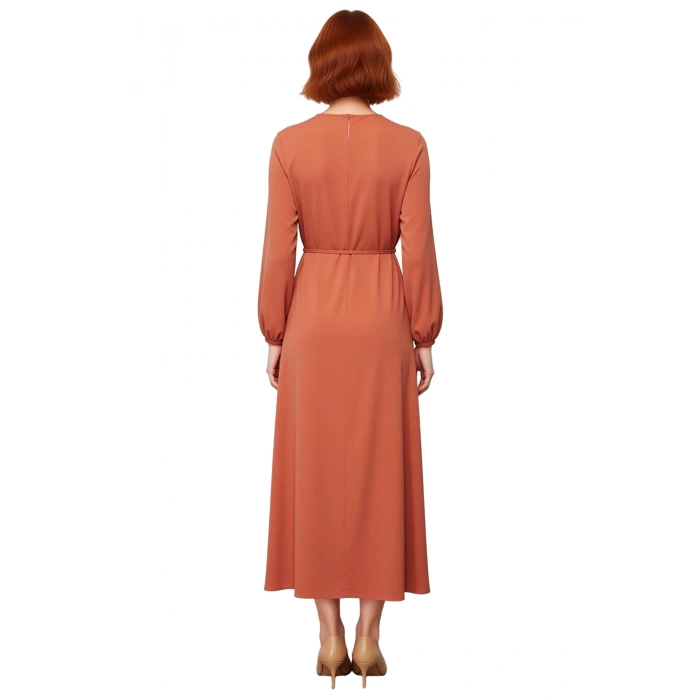 Kadın Shift Kalıp Maxi Boy Balon Kol Bağcıklı Aerobin Dokuma Bisiklet Yaka Elbise Günlük Şıklık